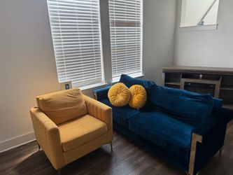 Blue Velvet Sofa + Mustard Accent Chair Set