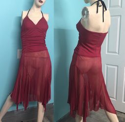 Y2K Wine Red Fairycore Balletcore Tie Halter Ruched Sheer Midi Dress M Ruby Rox 