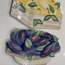 Hand Painted Italian Ceramic Lemon & Eggplant Wall Plaques / Trivets