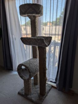 Triple level cat tower beige and grey