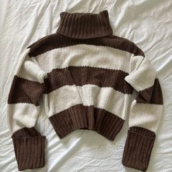 Brown And White Striped Turtle Neck Sweater 