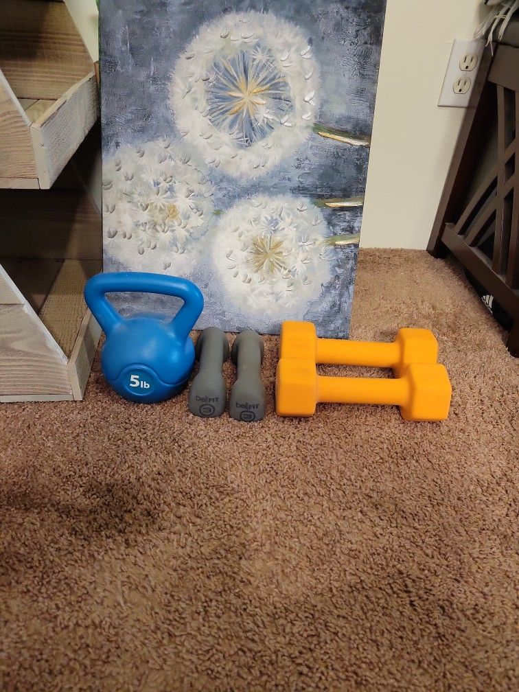 5lb Kettle Bell, 8lb Weight Set, & 3lb Weight Set