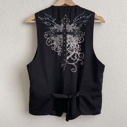 ACE OF DIAMOND Mens Black Embroidered Cross N Wings Button Up Sleeveless Vest
