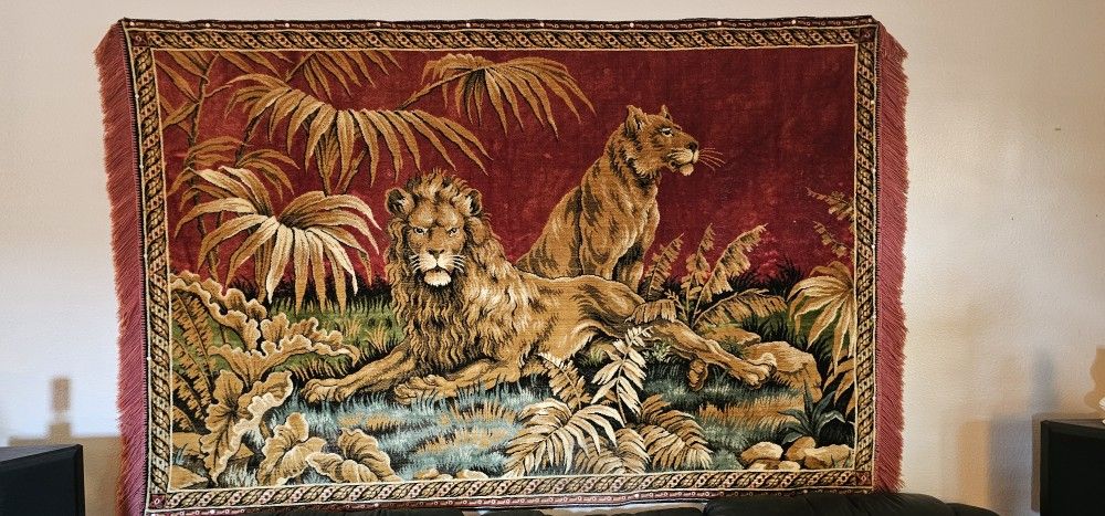 Antique Red Rug / Tapestry Of Two Lions