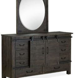 Farm house barn door style dresser, matching mirror, 2 nightstands and footboard w drawers NO headboard