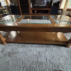 Wooden Coffee Table with Glass Panels + 2 matching End Tables