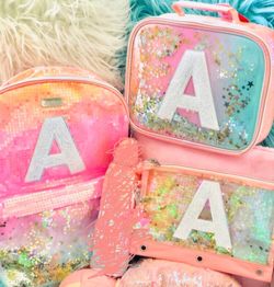 Ombre Initial Shaky Backpack, lunch box and pencil pouch in the Letter A .