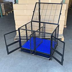 (NEW) $190 Folding Heavy Duty Dog Cage 41x31x34” Double-Door Stackable Kennel w/ Divider, Plastic Tray