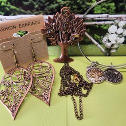 #1951, THE TREE OF LIFE VTG FILIGREE ENAMEL LOT, NECKLACE, BRACELET, EARRINGS
