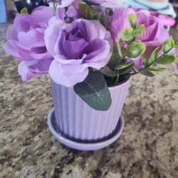 Artificial Flowers in Small Purple Planter Pot