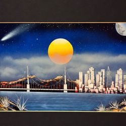 LRG Vintage Original Fine Art ANGEL SANTOS San Francisco Skyline Enamel Painting Drawing Signed SF Bay Bridge 16x20 Matting Street Artist HILLCREST