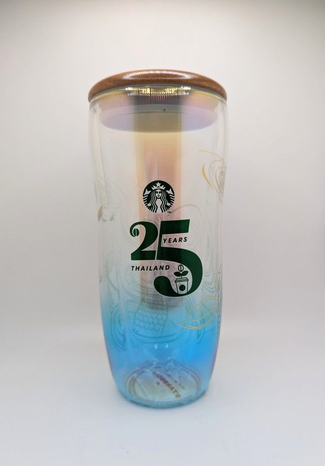 Starbucks Asia Iridescent Double Wall Glass with Wooden Lid BNWT