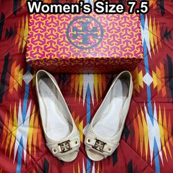 TORY BURCH Cline Beige Leather Open Toe Gold Logo Ballet Flats Women’s Size 7.5