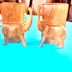 Vintage Hand Carved  wooden Elephant Bookends From India