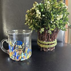 Murano-Style White Cristal Brand Muliti Colorful 16oz Glass Mug Made in Italy NWT 