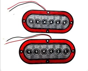 (2) Surface Mount Flat 6" Oval LED Stop / Tail / Turn Lights Clear Lens – Red 6 Diode – Red Reflective