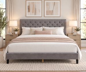 King Size Button Tufted Gray Velvet Upholstered Bed Frame