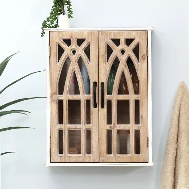 LuxenHome 18.9-in L x 8.3-in D x 23.6-in H Distressed Wood, White Rectangular Wall Cabinet (2 Shelves) ,IF361
