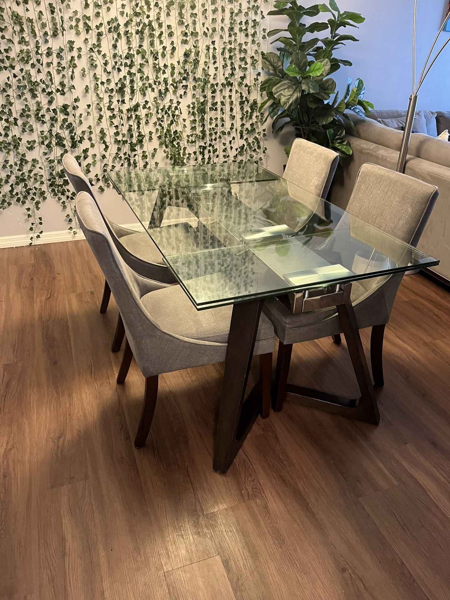 5 Pc Extendable Glass Dining Table with Upholstered Chairs