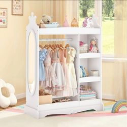 Kids Dress up Storage with Mirror, Kids Wardrobe with 3 Hooks, Kids Closet for Girls Boys, Open Hanging Armoire Costume Organizer for Bedroom, Prescho