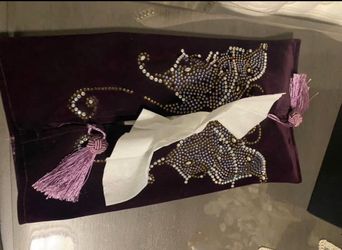 Deep purple velvet tissue box cover featuring intricate rhinestone and beadwork. Hand made