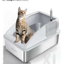 Stainless Steel Litter Box | XL Enclosed Cat Litter Boxes with Lid for Big Cats | High Sided, Anti-Urine Leakage | Non-Stick Bottom & Includes Litter 