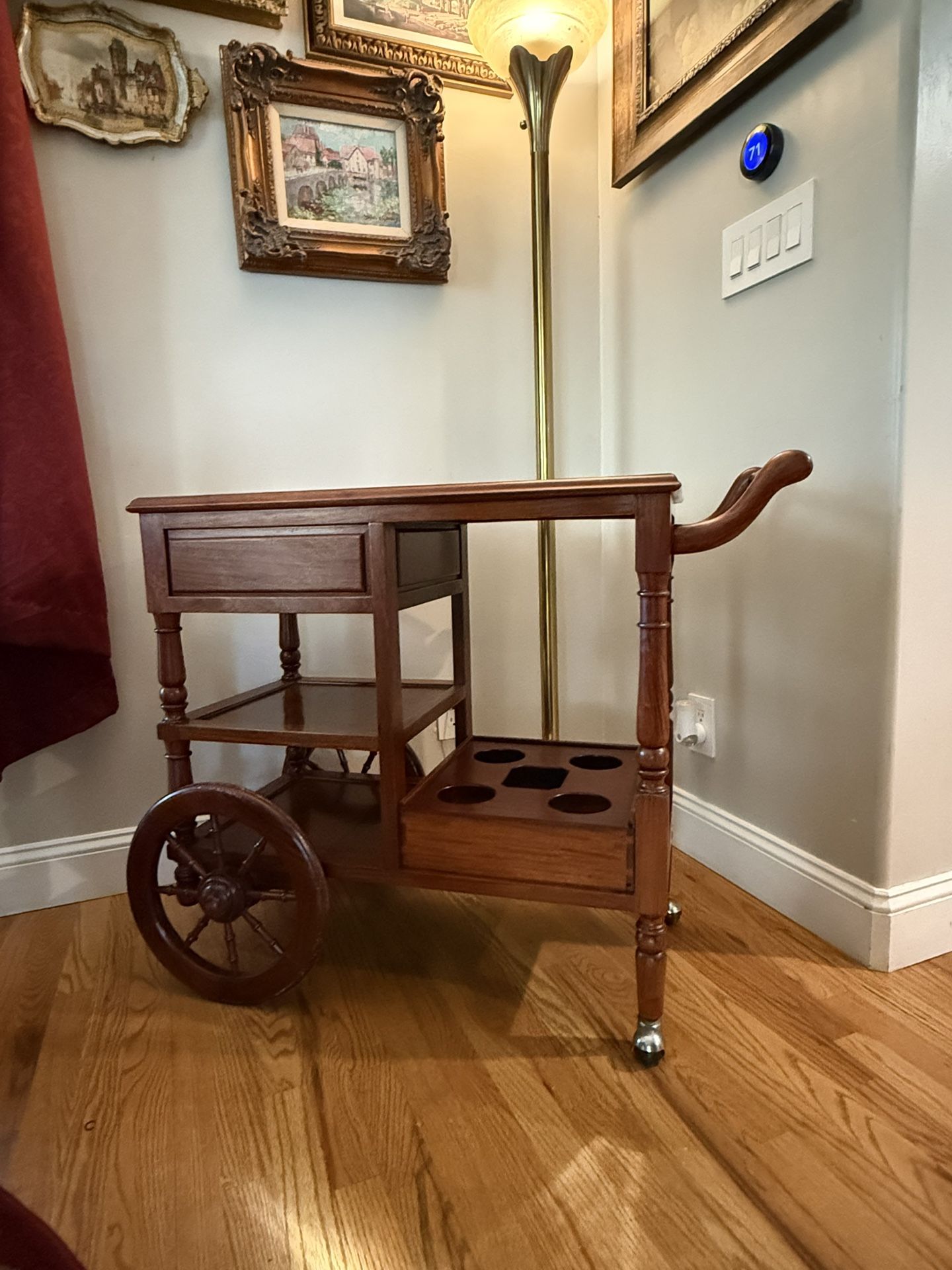Vintage Chinoiserie Rosewood Rolling Bar Cart