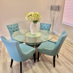 Round Glass Dining Table + 4 Chairs