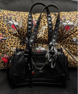 Black Leather Tote Bag with Braided Handles