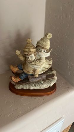 Children Sledding vintage Porcelain Figurine on Wood Base