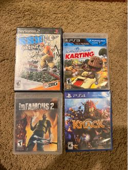 Various PlayStation games: SSX On Tour, Little Big Planet Karting, Infamous 2, and Knack