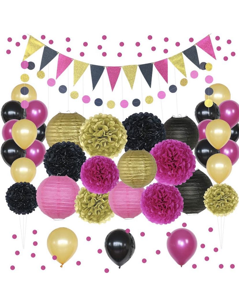 Hot Pink, Gold, and Black Party Decorations, 50 pc Party Supply Set, Paper Pom Pom Flowers, Paper Lanterns, Polka Dot Garland, Glitter Triangle Garlan