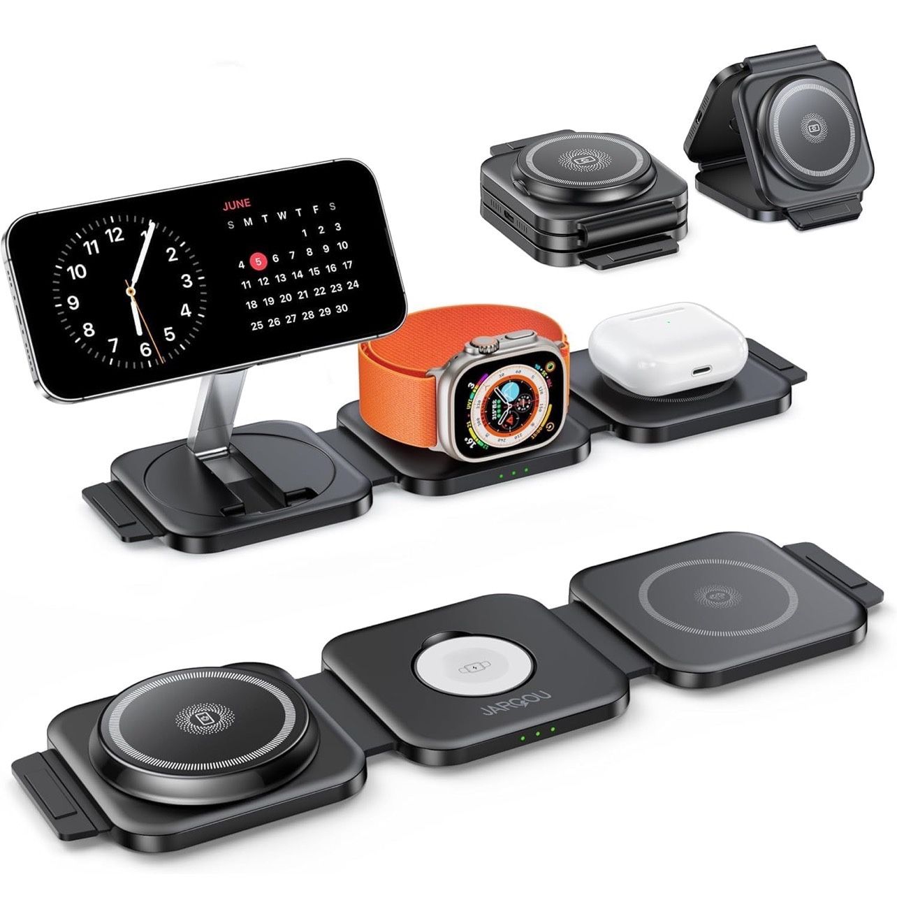 JARGO 3 in 1 Wireless Charging Station for Apple Devices, Foldable iPhone Charging Station for iPhone 17/16/15/14/13/12, Apple Watch & AirPods with Ma