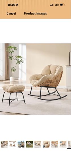 Papasan Rocking Chair with Ottoman, Oversized Papasan Chair, Beige Indoor & Outdoor Rocker Chair with Padded Cushion for Living Room, Patio, Garden