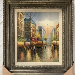 Paris ~ Hand-Painted Oil Painting Wooden Frame 37” x 33”