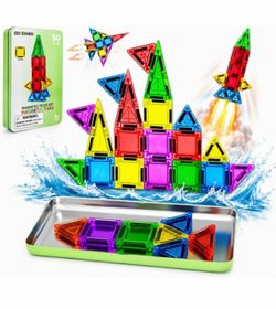 Mini Magnetic Tiles 50PCS Travel Magnetic Building Blocks for Kids Ages 3+ mini magnetic tiles, travel friendly, metal storage box, strong sealed magn