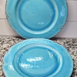 Mulino Turquoise Blue Crackle Rustic MELAMINE Dinner Plates Set Of 4