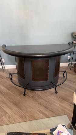 Curved Home Bar + 4 Stools – Wood, Wine Rack, Foot Rail