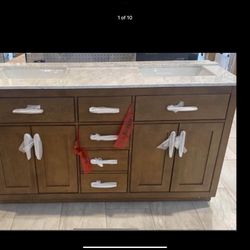 OVE Decor  Bailey 60 in. Bath Vanity in Driftwood Oak with Engineered Stone Va retail $2619 plus tax here $1350 no tax. New open box here you saving $