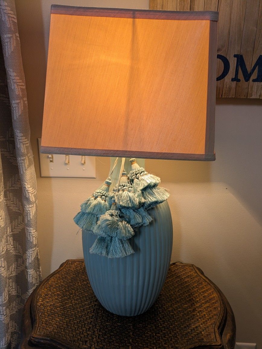 Aqua Green Ceramic Lamp With Shade 23" High