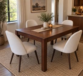 Modern Wood Dining Table + 4 Cream Upholstered Chairs | Dining Set