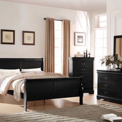 Queen bed Set ( Queen bed+2N/S+CHEST+M/DRESSR+QUEEN MATTRESS SET) Black - Free Delivery