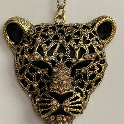 Rhinestone Leopard Face Pendant Charm Necklace - New Jewelry Lion Cat