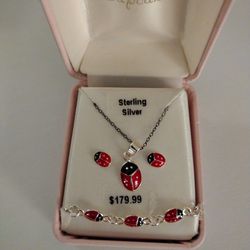 Childs 3 Pc Ear,Pendant,Bracelet Sterling Silver Lady Bug Jewelry 