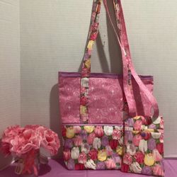 NEW SPRINGTIME COLORFUL TULIPS QUILTED HANDMADE TOTE & CROSSBODY POUCH 