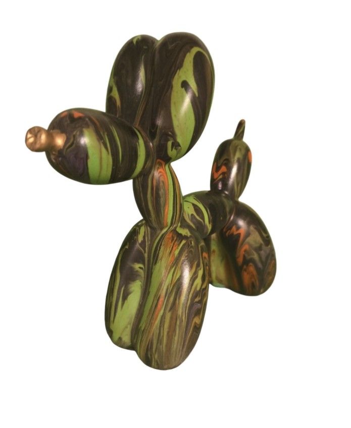 Jeff Koons inspired metal funky pattern fluid painted balloon dog sculpture