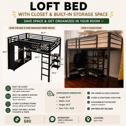 	 Queen Loft Bed with Desk and Storage - + desktop
