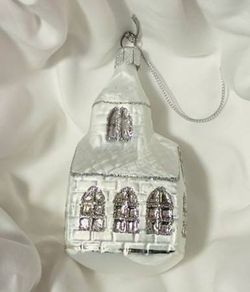 Vintage Czech Republic Christmas ornament glass white church silver glitter