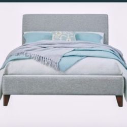 QUEEN SIZE MATTRESS SET WITH GRAY CLOTH COVERED BED FRAME