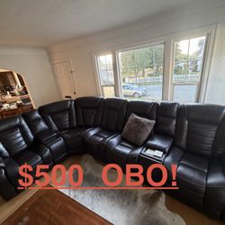 Black Leather Sectional Reclining Couch 